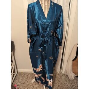 PRODESIGN Women's Teal Satin Floral‎ & Crane Kimono Belted Robe NWT